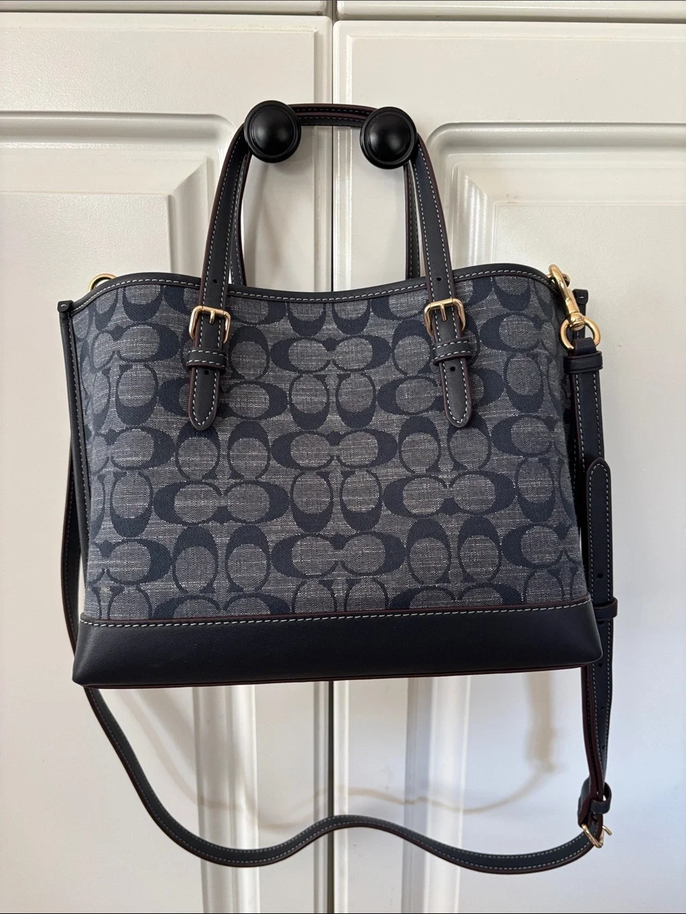 Coach Navy Signature Jacquard Satchel with Gold Hardware